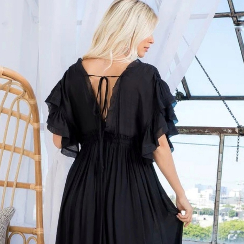 New Sexy Plunge Maxi Dress Sheer Gauze Cover Up Summer Black - Picture 7 of 10